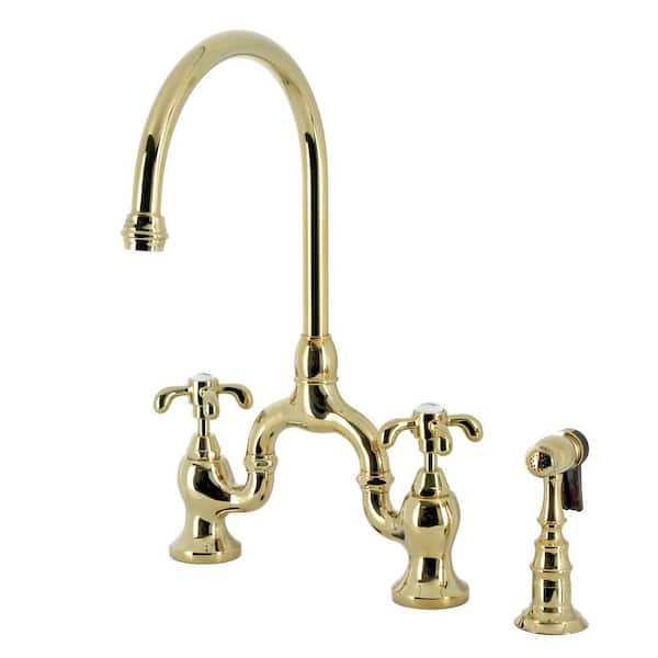 Kingston Brass French Country Double-Handle Deck Mount Gooseneck Bridge Kitchen Faucet with Brass Sprayer in Polished Brass