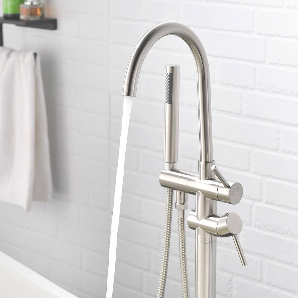 Brushed Nickel Freestanding Floor Mount Tub Filler Faucet with Handheld Shower