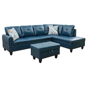 StarHomeLiving 66.5 in. W Round Arm 3-Piece Leather Rectangle Sectional Sofa in Blue
