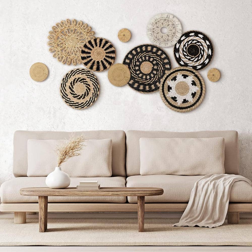 11-Piece Multicolor Bulrush Woven Boho Wall Basket Decor Set