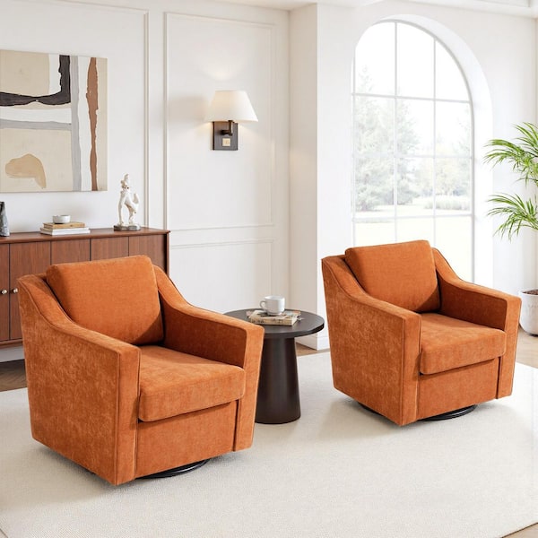 Modern Orange Chenille Upholstered Swivel Accent Barrel Chair With Metal Base(Set of 2)