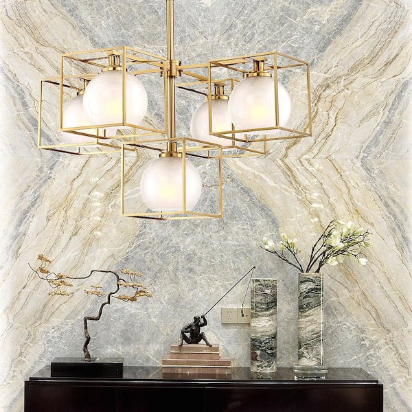 Cowen 5-Light Brushed Gold Mid-century Geometric Chandelier for Dining Areas with No Bulbs Included