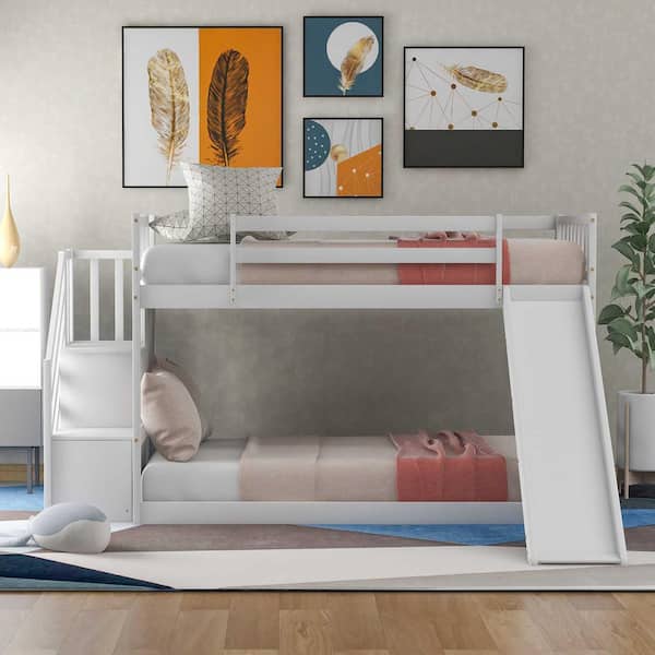 Polibi White Twin over Twin Bunk Bed with Convertible Slide and Stairway