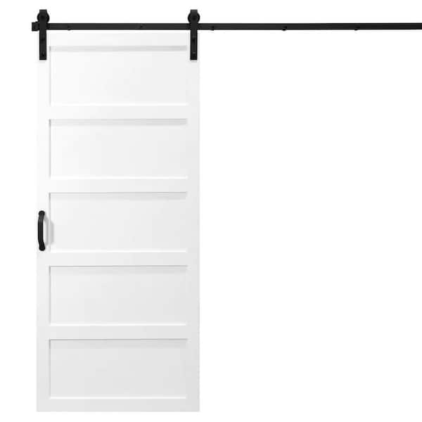 Dogberry Collections 36 in. x 84 in. 5-Panel White Alder Wood Interior Sliding Barn Door Slab with Hardware Kit