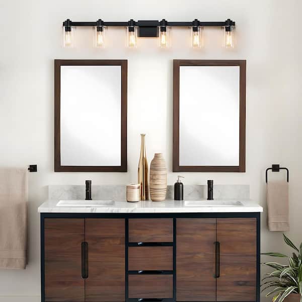 50 in. 6 Light Matte Black Vanity Light with Clear Glass Shades