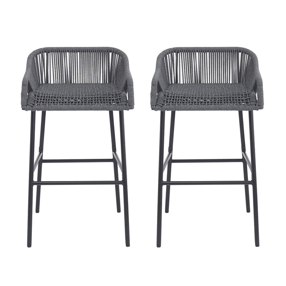 Dark Gray Metal All-Weather Outdoor Bar Stool Patio Rope Dining Chairs for Deck, Garden, Poolside (2-Pack) price history on PriceWatchPro