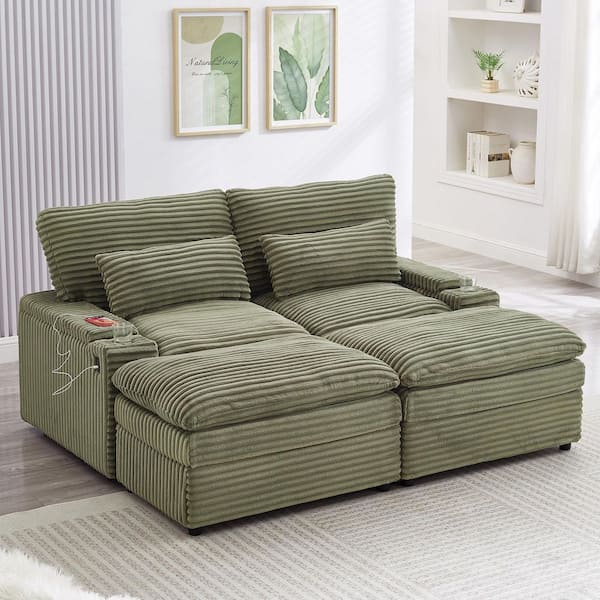 Modern 70.9 in. Green Corduroy Twin Size Sofa Bed Loveseat with Storage Arms, Ottomans, Cup Holders and USB Ports