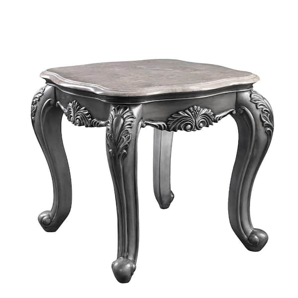 Acme Furniture Ariadne 28 in. Marble Top and Platinum Square Marble End Table with Wooden Frame