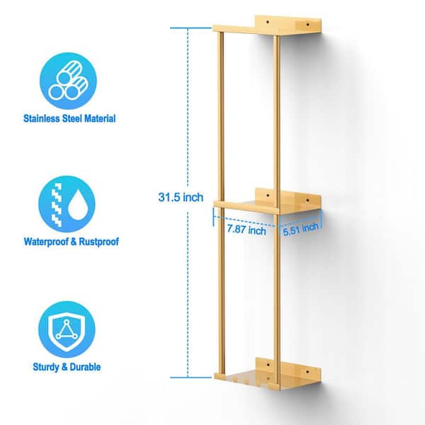Vertical 2-Tier Screw-In Towel Rack Powder Coated Stainless Steel, Holds up 6 Large Bath Sheets for Bathroom, in Gold