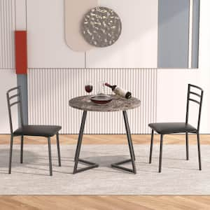 Small Round Dining Table (Set for 2) Modern Wood Tabletop & Metal Frame Ideal for Kitchen or Breakfast Nook, Marble Gray