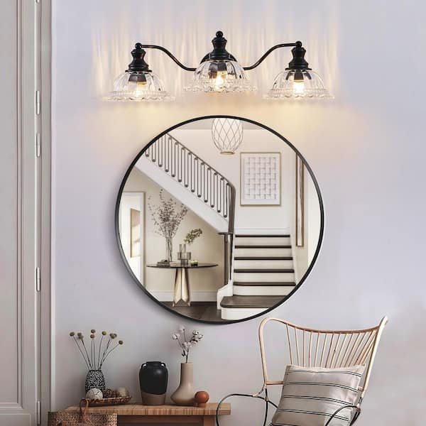 24 in. 3-Light Black Vintage Vanity Light with Glass Shade, Elegant Wall Sconce, E26, No Bulbs Included