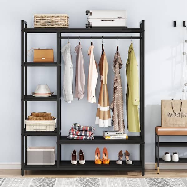 Carmalita Black Wood 47.3 in. Armoire 4-tier Shelf Freestanding Clothing Rack for Bedroom Living Room Modern Simple