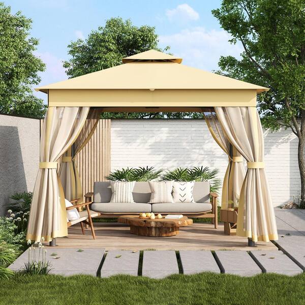 10 ft. x 10 ft. Beige Outdoor Patio Gazebo Tent with Double Roofs and Mosquito Netting