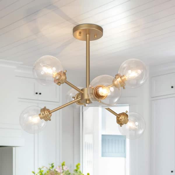 LNC Modern 6-Light Gold Globe Chandelier 25 in. W Geometric Semi-Flush with Clear Glass Shade for Living Room