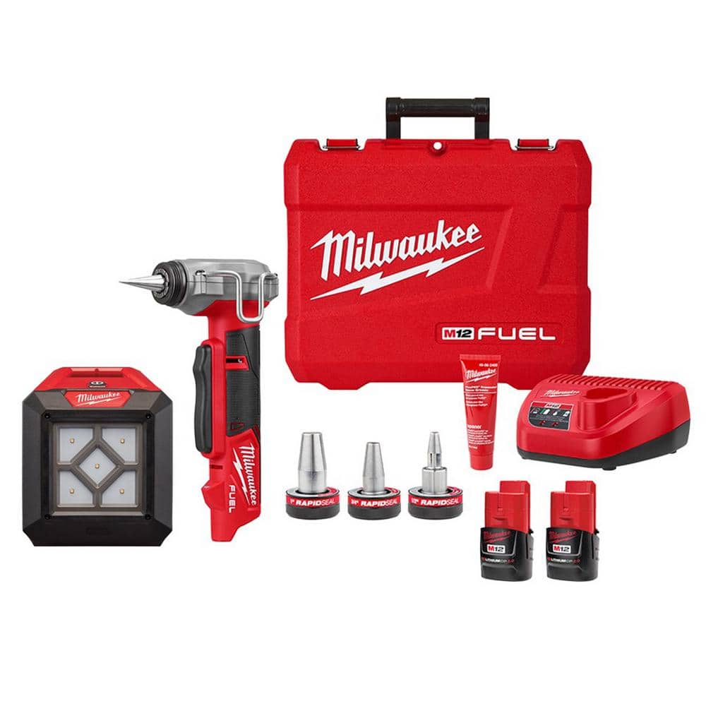 Milwaukee M12 FUEL Pro PEX Expansion Tool Kit with 1/2 in. to in. ProPEX  Expander Heads w/M12 1000 Lumens Rover LED Light 2532-22-2364-20 The Home  Depot