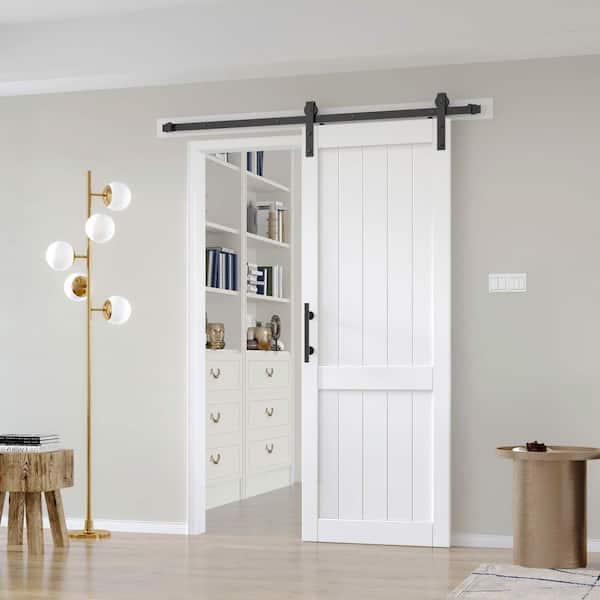 32 in. W. x 84 in. White DH Shape MDF Sliding Barn Door with Hardware Kit