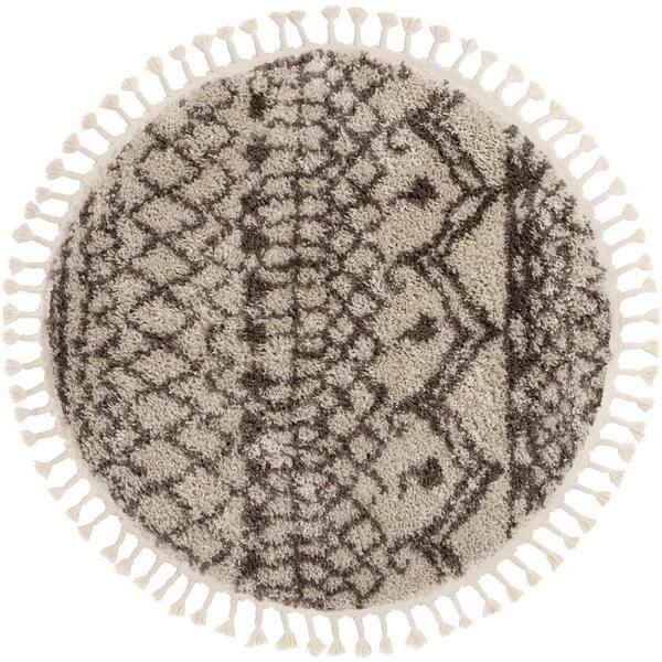 Well Woven Cabana Lyle Natural Modern Tribal Shag Moroccan Trellis 3 ft. 11 in. x 3 ft. 11 in. Round Area Rug