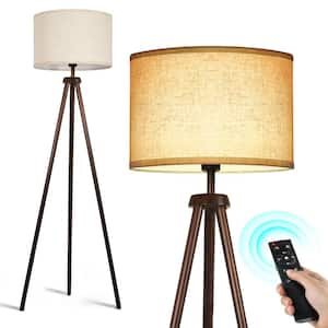 63 in. Dark Walnut Wood Tripod Floor Lamp Dimmable with Remote Control