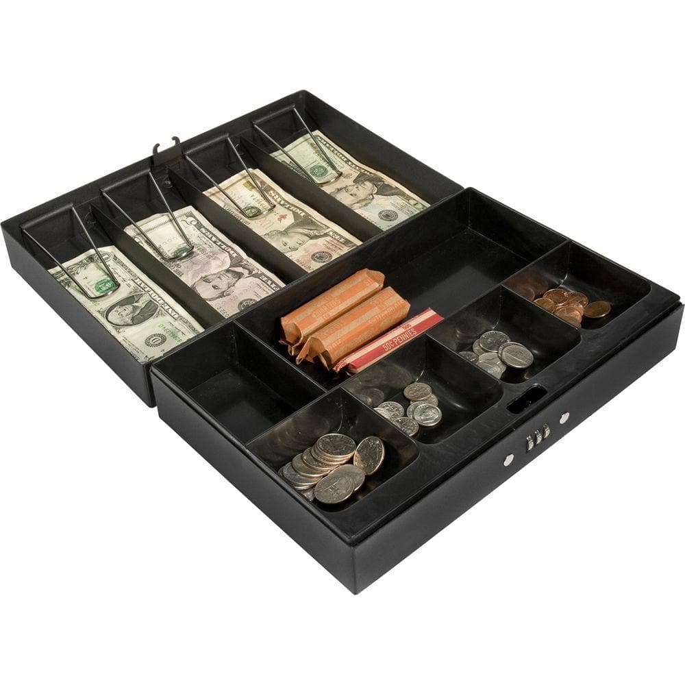 Black Steel Cash Box with Combination Lock and Removable Tray