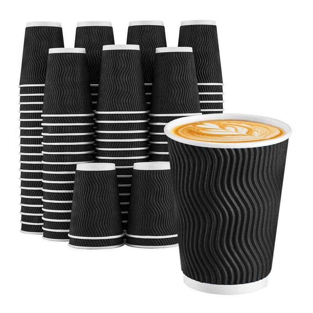 JFVKAF 12 oz Black Disposable Paper Coffee Cups Insulated Ripple Wall ...