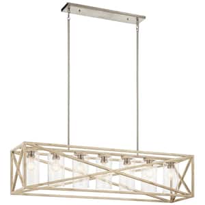 Moorgate 48 in. 7-Light Distressed Antique White Farmhouse Shaded Cage Linear Chandelier for Dining Room