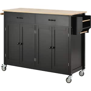 Black Wood 54.33 in. Kitchen Island with Drawers, 4 Door Cabinet, 2 Drawers, 2 Locking Wheels, Solid Wood Top