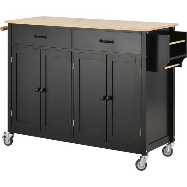 Unbranded Black Wood 54.33 in. Kitchen Island with Drawers, 4 Door Cabinet, 2 Drawers, 2 Locking Wheels, Solid Wood Top