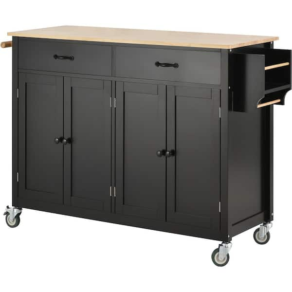 Black Wood 54.33 in. Kitchen Island with Drawers, 4 Door Cabinet, 2 ...