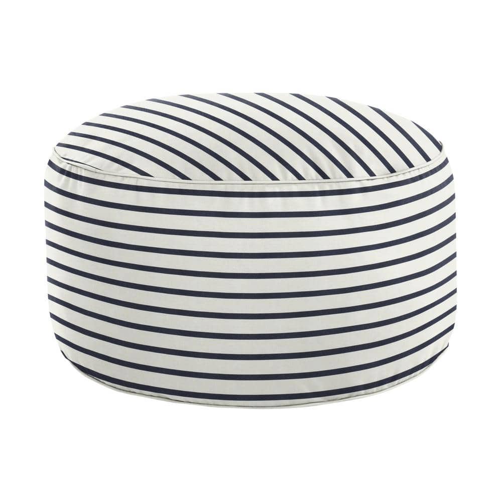 SORRA HOME 30 in. x 30 in. x 15 in. Sunbrella Lido Indigo Stripe Round Outdoor Bean Pouf