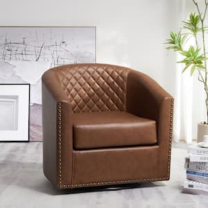 Modern Brown Small Swivel Faux Leather Tufted Upholstered Barrel Accent Arm Chair