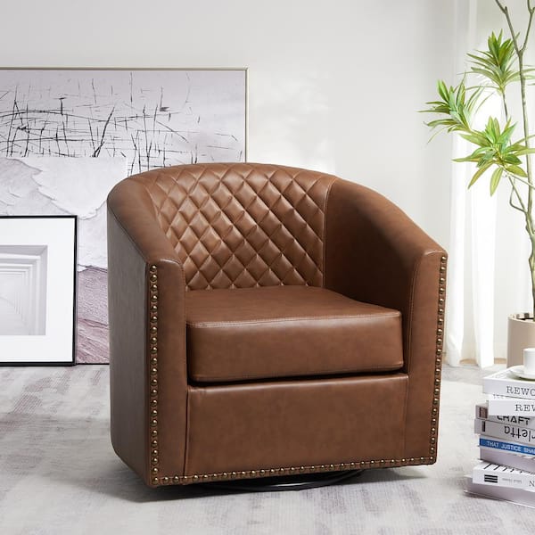 KINWELL Modern Brown Small Swivel Faux Leather Tufted Upholstered Barrel Accent Arm Chair