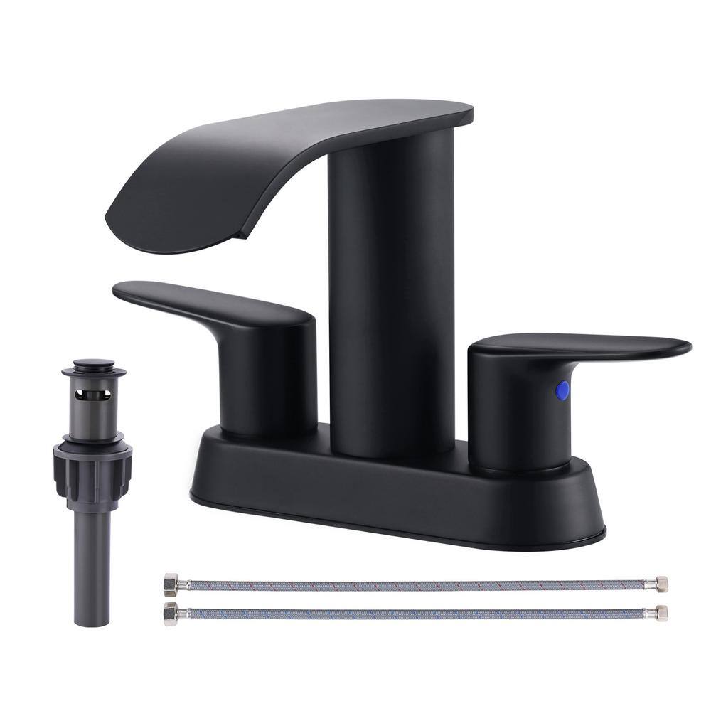 Matte Black Double Handle Waterfall Bathroom Faucet with Pop-up Drain Kit