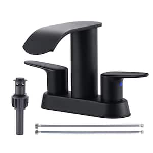 4 in. Centerset Double Handle WaterFall Bathroom Faucet with Drain Kit Included in Matte Black