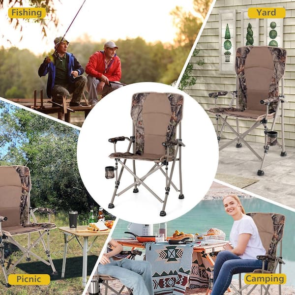 Brown Metal Portable Camping Chair with 400 lbs. Metal Frame and Anti-Slip Feet