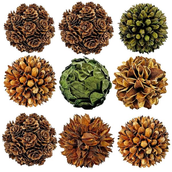 Brown Green Decorative Non Artificial Natural Preserved Topiary Balls Orbs Bowl Vase Filler (Set of 9)