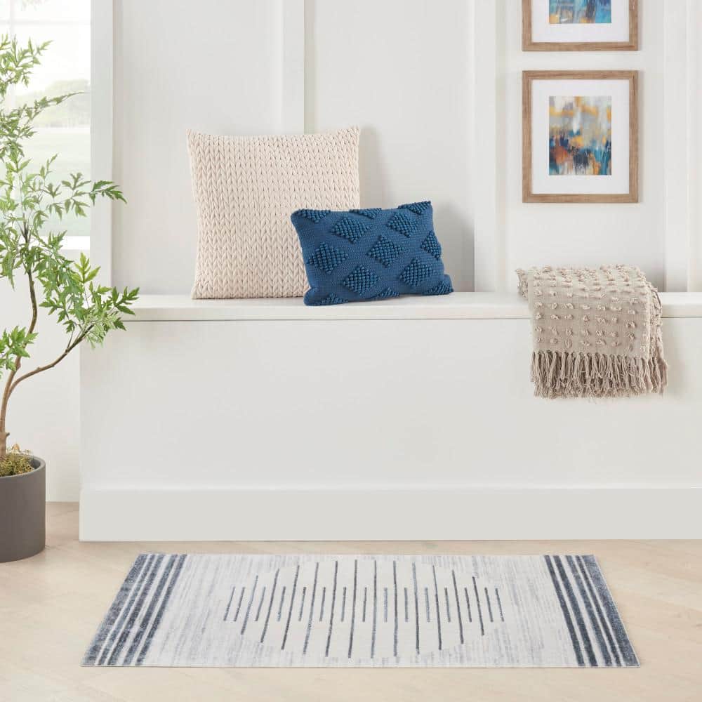 Blue and White Striped Synthetic 5' x 7' Washable Rug
