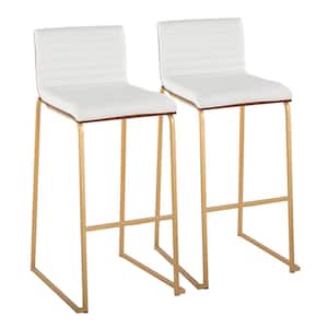 Mason Mara 30.75 in. White Faux Leather and Gold Metal High Back Bar Stool with Walnut Wood Seat Back (Set of 2)
