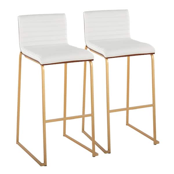 Lumisource Mason Mara 30.75 in. White Faux Leather and Gold Metal High Back Bar Stool with Walnut Wood Seat Back (Set of 2)