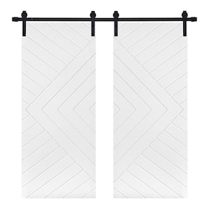 Double Modern Chevron Pattern 48 in. x 80 in. MDF Panel White Painted Sliding Barn Door with Hardware Kit
