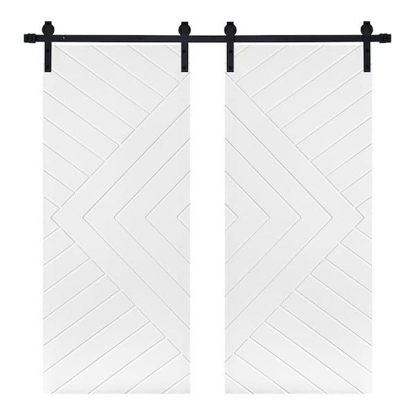 AIOPOP HOME Double Modern Chevron Pattern 48 in. x 80 in. MDF Panel White Painted Sliding Barn Door with Hardware Kit