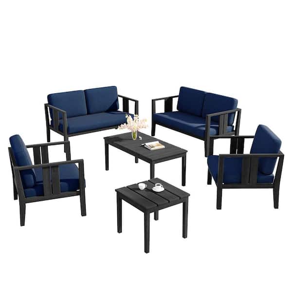 6-Piece Black Teak Patio Conversation Set with Navy Cushions