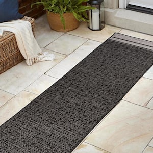 Alda Black/Cream 2 ft. x 8 ft Modern Minimalist Mingled Solid Indoor/Outdoor Runner Rug