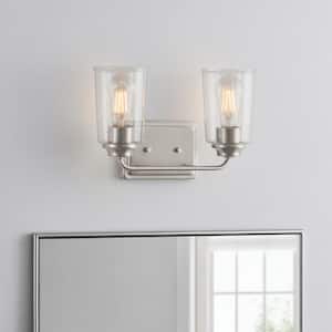Evangeline 13-5/8 in. 2-Light Brushed Nickel Farmhouse Bathroom Vanity Light with Clear Seeded Glass Shades