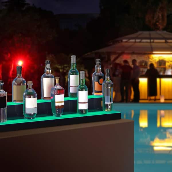 LED Lighted Liquor-Bottle Display Wine Rack 2-Tiers 40 in. Commercial Illuminated Home Bar Shelf, 2 Steps Whiskey Rack