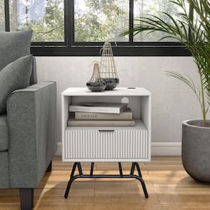Yastara Modern 18 in. White Rectangle End Table With 1-Drawer And 3D Wave Accent Panel