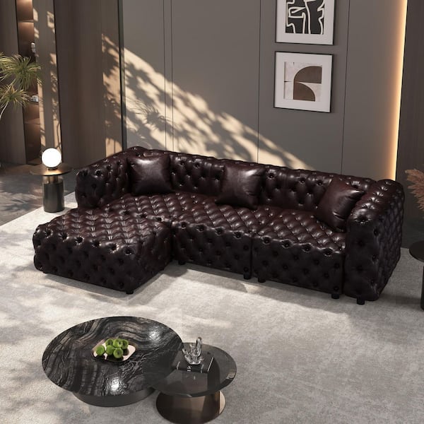 Modern 105.7 in. 4-Piece Faux Leather Tufted Modular Sectional Sofa with Ottoman and 3 Pillows in Dark Brown