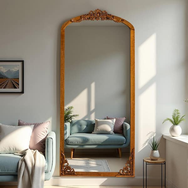Gold 30 in. W x 69 in. H Right Angled Micro Arched Solid Wood Carved Full Length Mirror (No Bracket)