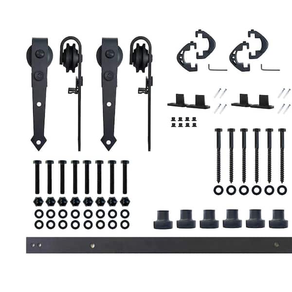 HOMACER 8 ft./96 in. Black Rustic Non-Bypass Sliding Barn Door Hardware Kit Arrow Design Roller for Double Doors