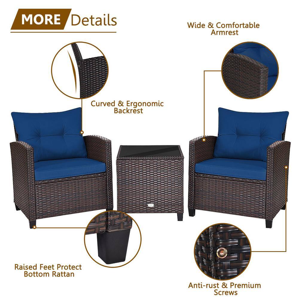 3-Piece Navy Cushioned Brown Steel Rattan Patio Set