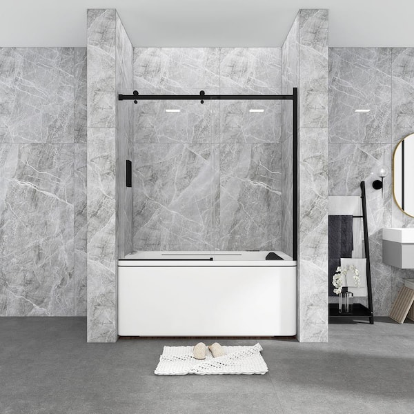 JimsMaison 60 in. W x 58 in. H Single Sliding Tub Door in Matte Black with Clear Tempered Glass